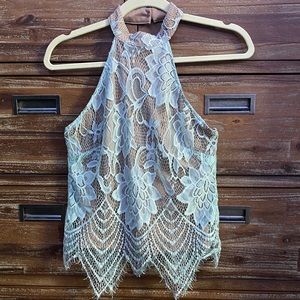 🌺G by Guess powder blue/nude lace halter top